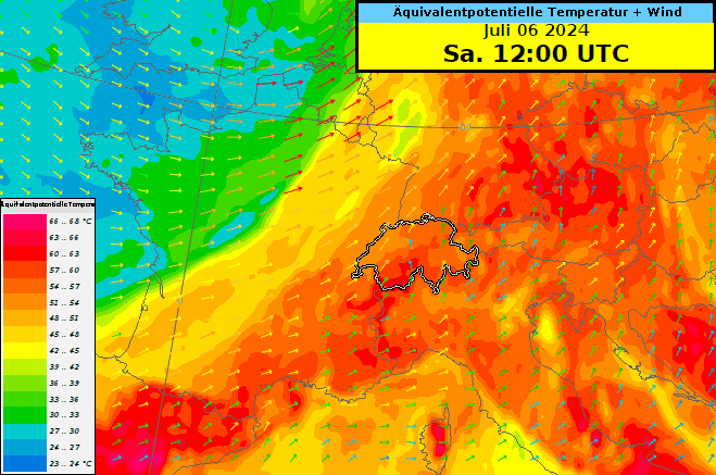 Modellanimation der äquivalentpotentiellen Temperatur in ca. 1500 Metern Höhe (farbige Flächen, rötlich/gelblich Töne zeigen schwülheisse Luftmassen) und der Windstärke in ca. 3000 Metern Höhe. Details siehe Text.