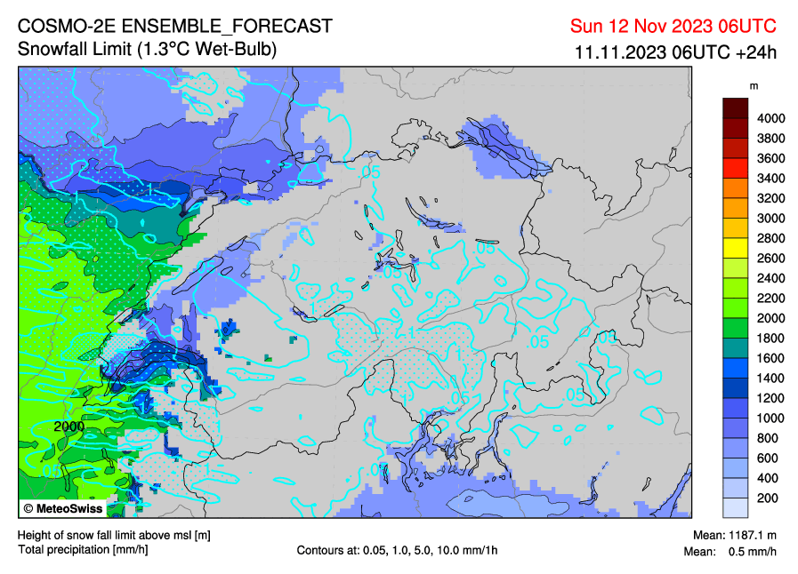 Verlauf der Schneefallgrenze gemäss dem Modell COSMO-2 zwischen Sonntag, 12. November 2023, 6 UTC und Mittwoch, 15. November 2023, 9 UTC. Am Montag steigt die Schneefallgrenze örtlich vorübergehend auf 2800 Meter an.