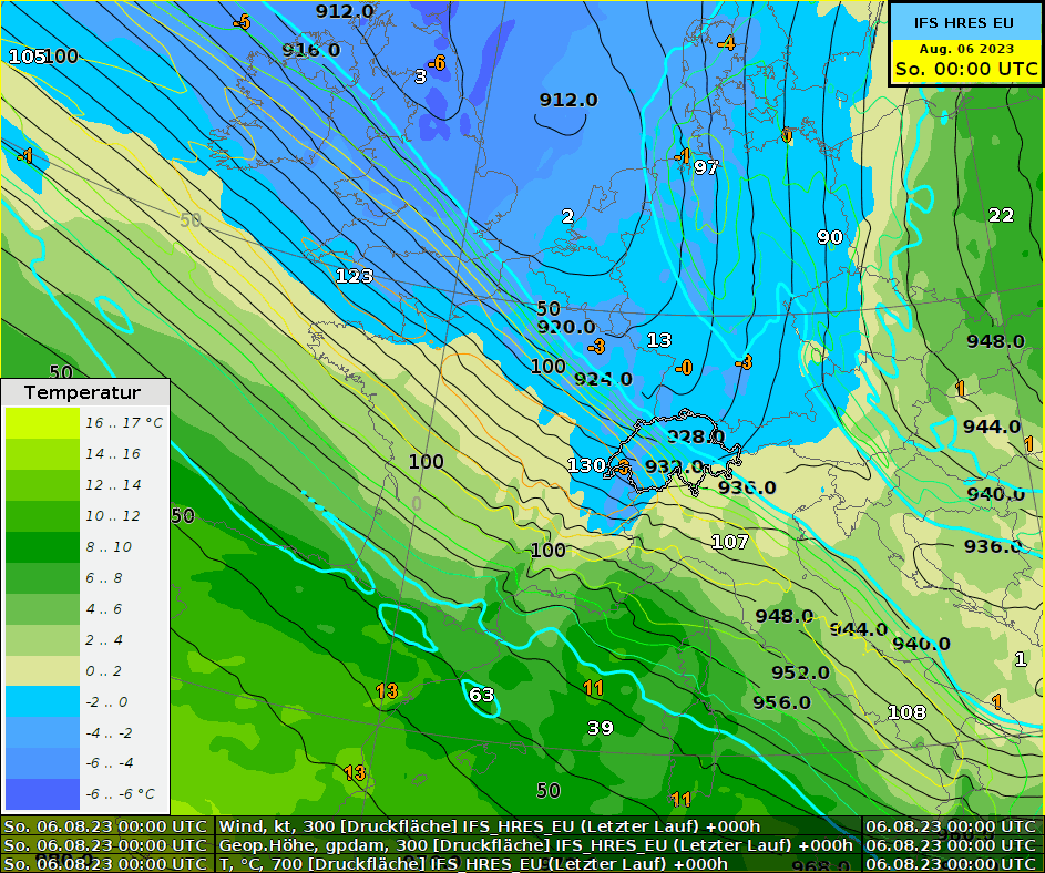 Animation der Temperatur auf 700 hPa (ca. 3000 m ü.M), des Geopotentials (schwarze Linien) und des Jetstreams (farbige Isolinien) auf 300 hPa (ca. 9000 m ü.M.). im Zeitraum zwischen Sonntag, 6.8. 00 UTC bis Mittwoch,  9.8. 00 UTC.