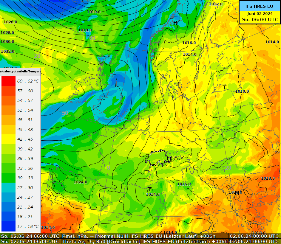 Animation des Luftdrucks und der äquipotentiellen Temperatur auf 850 hPa (ca. 1500 m) von Sonntag 06:00 UTC bis Montag 09:00 UTC. Quelle: ECMWF