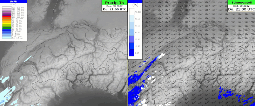 Animation zwischen Donnerstag- und Freitagabend der einstündigen Niederschlagssumme (links) und des Schneeanteils (rechts) vom Wettermodell COSMO 1E. 