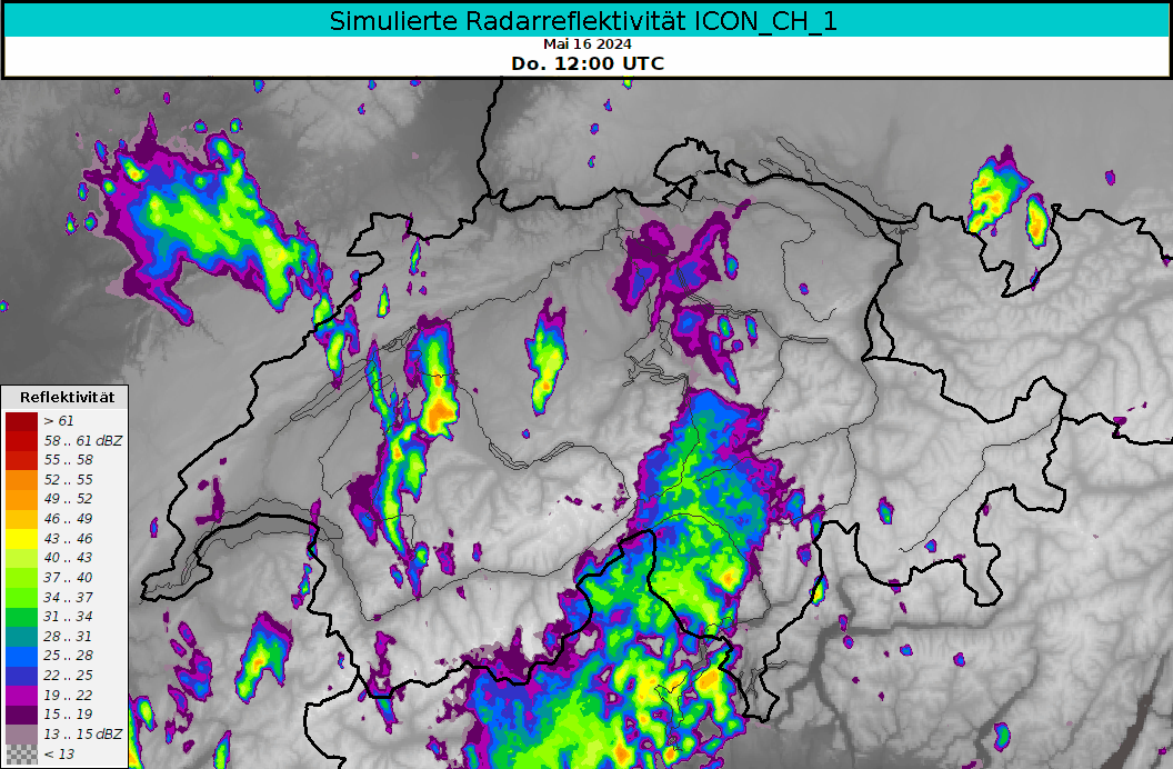 Simulierte Radarreflektivität des Niederschlags nach dem Modell ICON-CH1 zwischen Donnerstagnachmittag, 16. Mai 2024, 14 Uhr und Freitagmorgen, 17. Mai 2024, 8 Uhr. Quelle: MeteoSchweiz