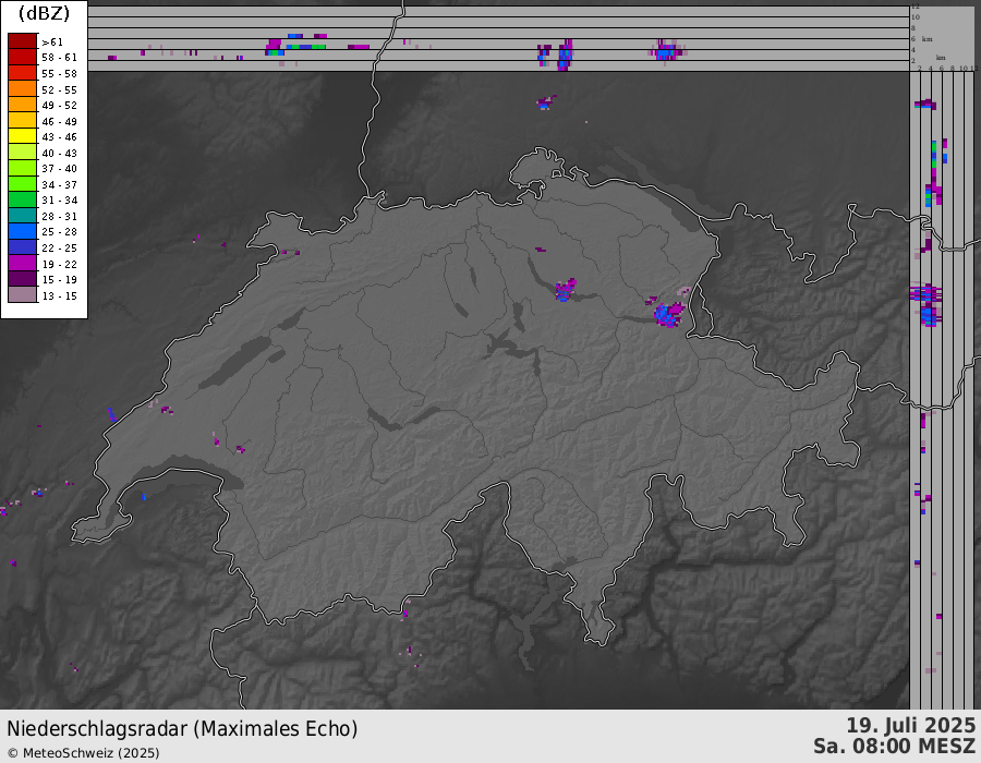Animation Radarbilder von 8 Uhr bis 14 Uhr. Gegen Mittag nahmen die Schauer und Gewitter von Westen her zu, in der Folge bildeten sich auch in den Alpen/Voralpen punktuell kräftige Gewitter. 