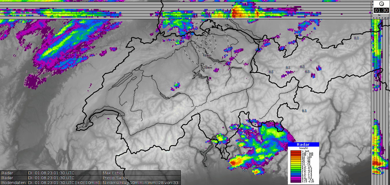 Animation des Niederschlages vom 1. August zwischen 1 UTC und 14 UTC. Bereits präfrontal sind die ersten Schauer aufgetreten. Flächiger waren diese dann mit dem Frontdurchgang.