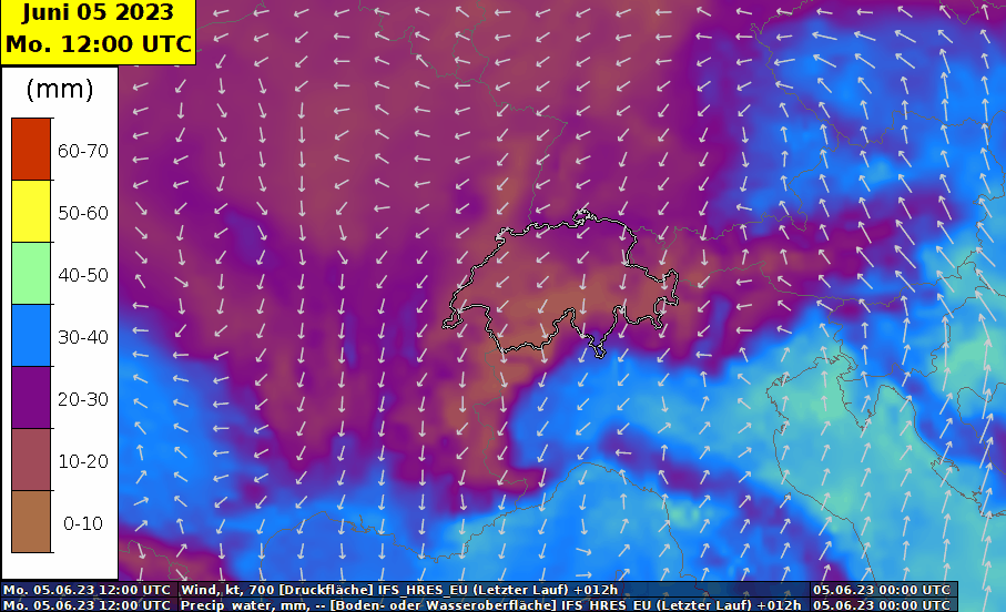 Total Precipitable Water als integriertes Mass für die Feuchtigkeit und Wind auf 3000 Metern, Prognose des deterministischen Modelllaufs HRES des ECMWF für diese Woche (Basis Montag, 5. Juni 2023, 00 UTC)