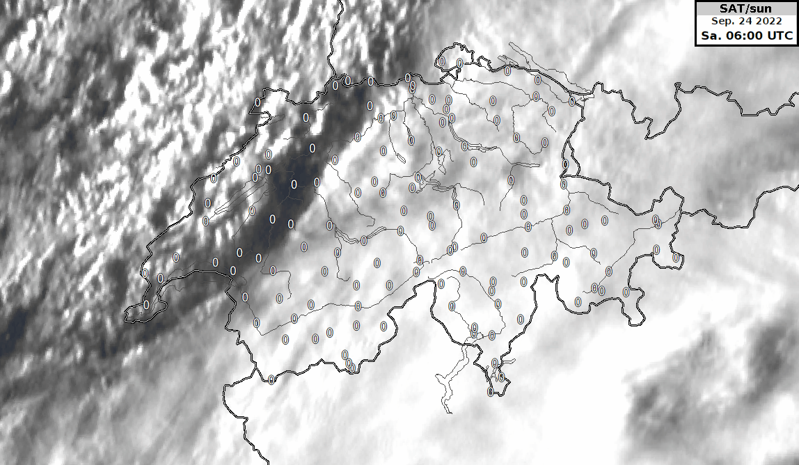 Satellitenfilm (HRV-Kanal) im Zeitraum von 6 bis 14 UTC überlagert mit der stündlichen Sonnenscheindauer (in Minuten) an den Wetterstationen.
