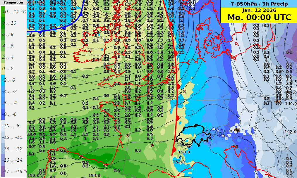 Ablauf am 12.01.2026 von 0 bis 18 UTC: Temperatur und Geopotential auf 850 hPa und 3-stündige Niederschlagssumme aus dem IFS-Modell, dazu eingezeichnet die Fronten.