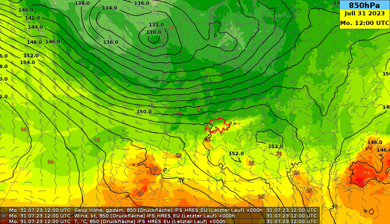 Temperatur, Geopotential und Windfiedern auf 850 hPa, rund 1500 Meter über Meer. Die Frontenabfolge lässt sich in den Schwankungen der Temperatur erkennen. In der Mitte ist das Geburtstagskind rot umrandet =)