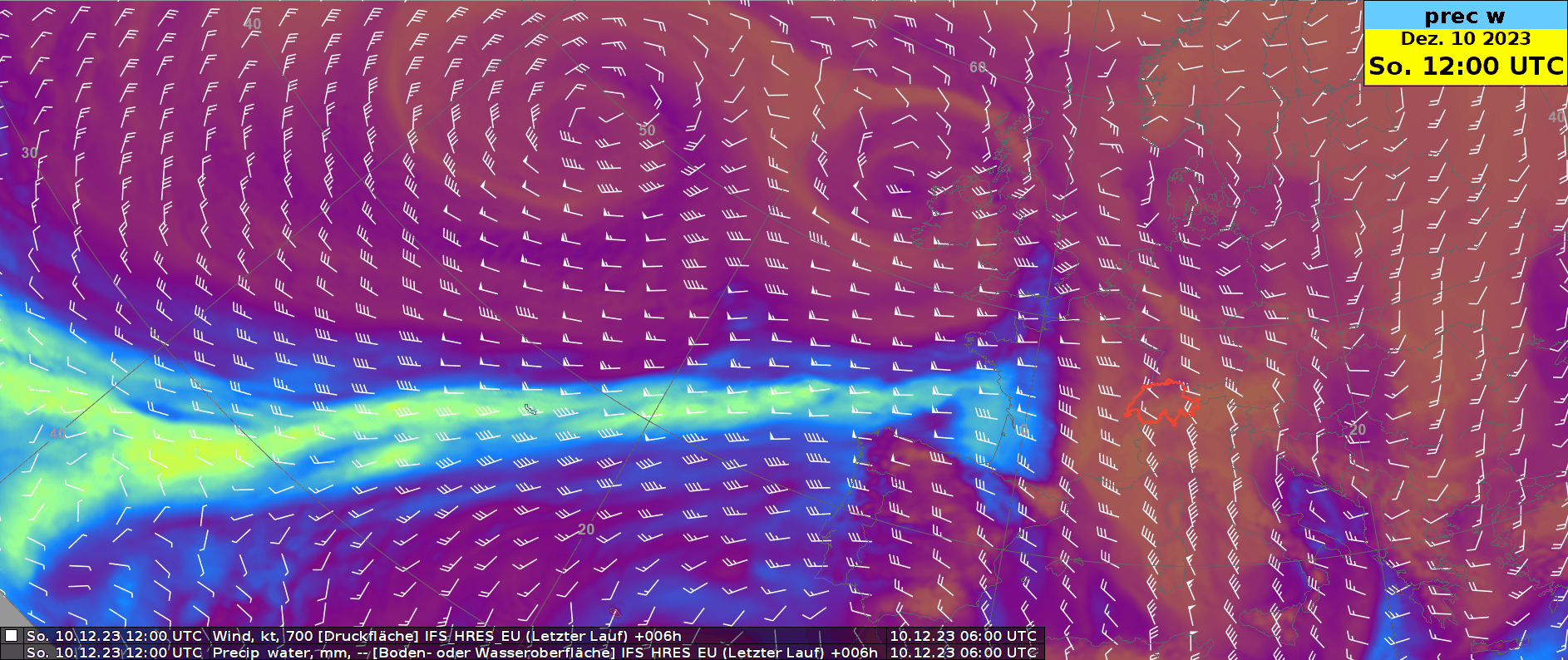 Modellierung des niederschlagbaren Wassers in der Atmosphäre zwischen Sonntagmittag und Mittwochabend. Der Streifen hoher (blau-gelblich) Werte stellt den Atomsphärischen Fluss dar. Es ist ersichtlich, wie sich aus der Nord-Süd Verlagerung verschiedene Phasen hoher Niederschlagsintensitäten zusammensetzen.