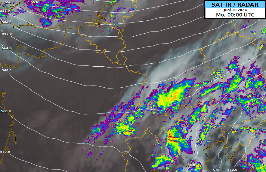 Animation des Satellitenbildes (IR) und des Radars zeigt den Kaltfrontdurchgang am 10.06.2024 von 0 bis 9 UTC. Dargestellt ist auch das Geopotential auf 500 hPa.