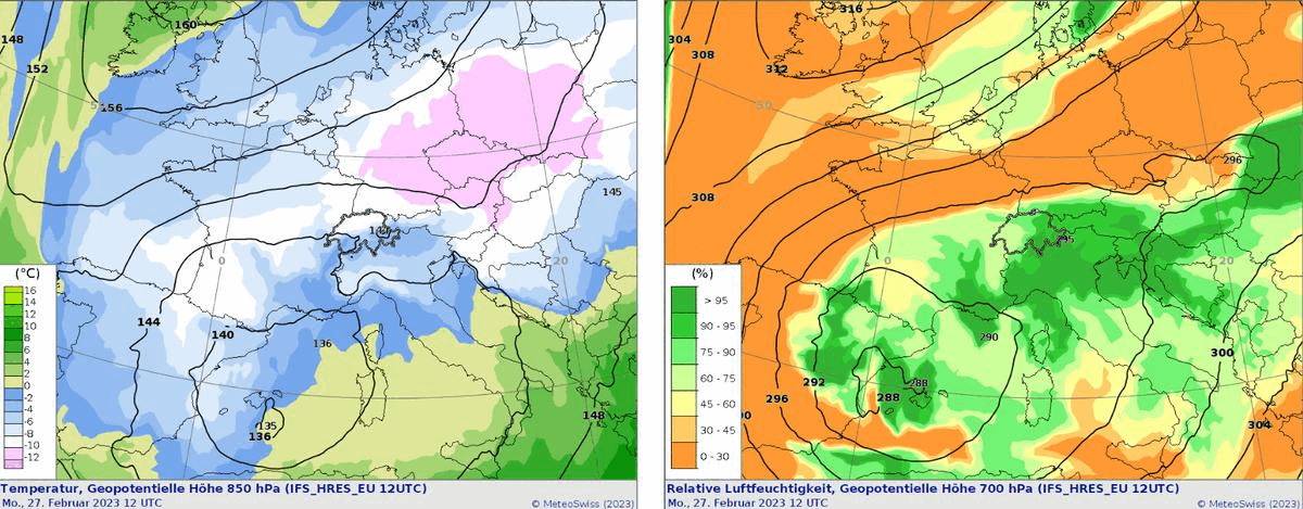 Verlagerung des Mittelmeertiefs «Juliette» von den Balearen zum Tyrrhenischen Meer dargestellt durch das 850 hPa Geopotential mit Temperatur (links) und dem 700 hPa Geopotential mit relativer Feuchtigkeit (rechts). 