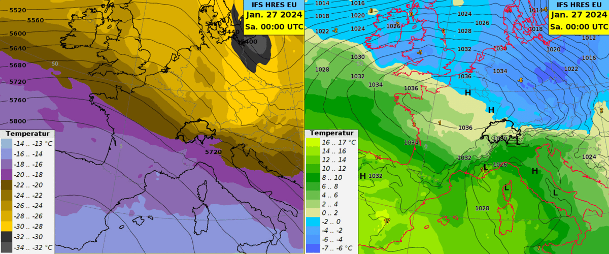 Animation des Bodendruckfeldes und der 850 hPa-Temperatur (rechts) sowie des 500 hPa Geopotential und der Temperatur (links) des IFS Modells vom 27.01.2024 00 UTC bis am 29.01.2024 0 UTC. 