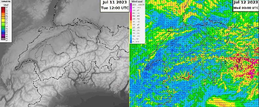 Animation der erwarteten Radarreflektivität sowie der Sturmböen von Dienstagabend (Wettermodell COMSO-1E @meteoschweiz)