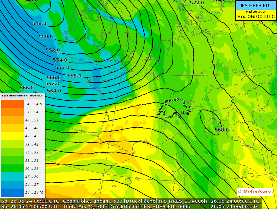 Geopotential auf 500 hPa und ThetaE auf 700 hPa zwischen 06 und 18 UTC am 26.5.2024. ThetaE ist ein Mass für die Temperatur und Luftfeuchtigkeit und eignet sich gut, um die Position von Fronten festzulegen. 