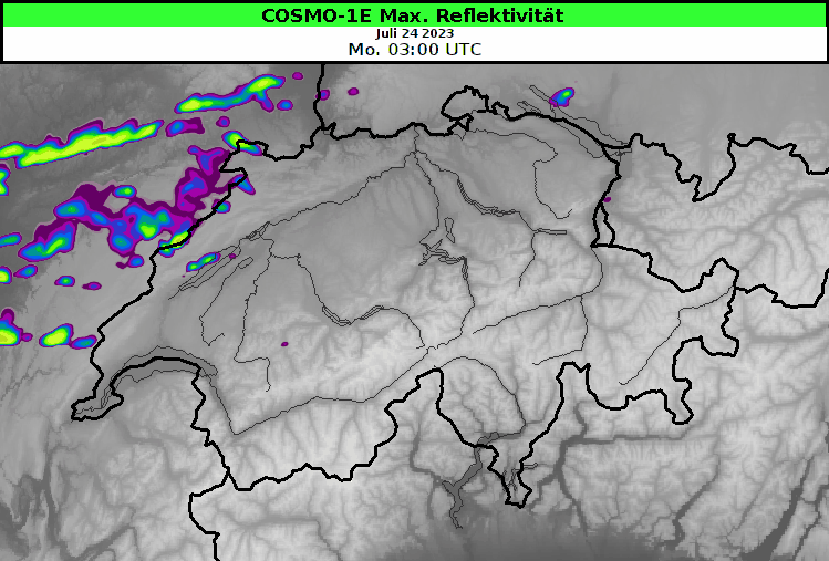 Maximale simulierte Reflektivität nach dem COSMO-1E Modell für den Montag, 24.07.2023 von 05:00 Uhr bis 22:00 Uhr.