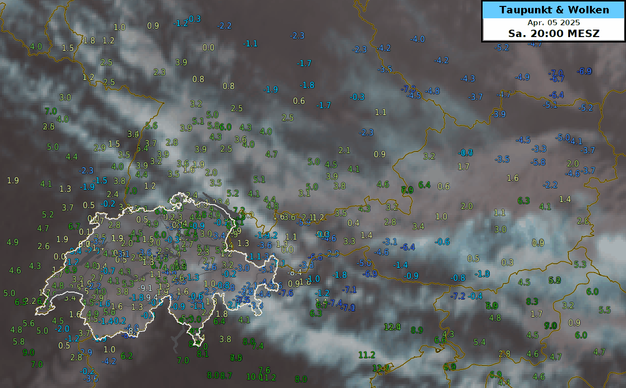 Satellitenbild der Schweiz mit trockener Kaltfront aus Nordosten. Die eingeblendeten Taupunkte sinken mit der trockenen Kaltluft. 