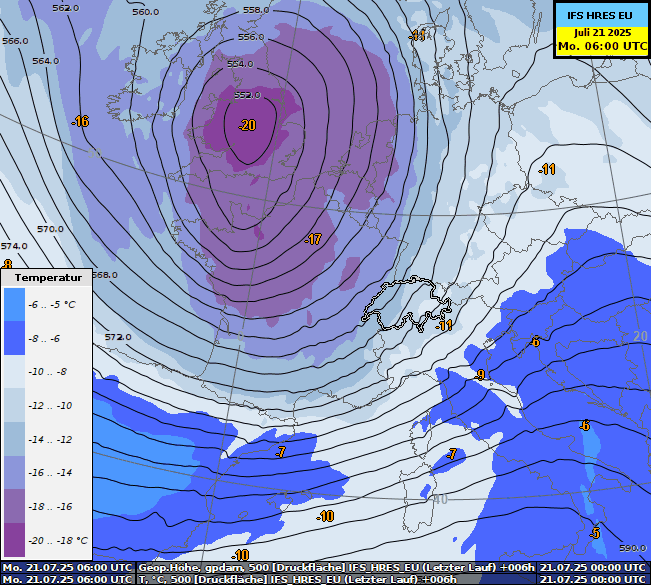 Animation des Geopotentials (Linien) und der Temperatur (in Farbe) auf 500 hPa (rund 5700 Metern) zwischen 6 und 18 Uhr. 