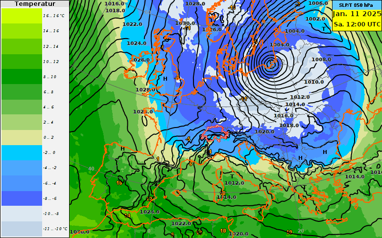 Entwicklung des Hochdruckgebiets über Europa bis zum nächsten Samstag. Dargestellt sind die Isobaren (schwarze Linien) und die Temperatur auf 1500 Metern Höhe (Farbflächen).