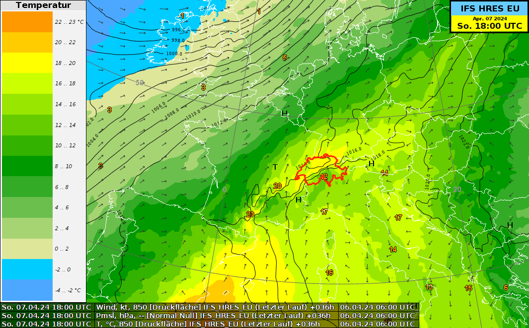 Animation der Lufttemperatur auf 850 hPa (ca. 1500 m ü.M.) zwischen heute Samstagmittag 6. April und nächstem Mittwochmorgen, 10. April 2024, gemäss dem europ. Wettermodell IFS-HRES