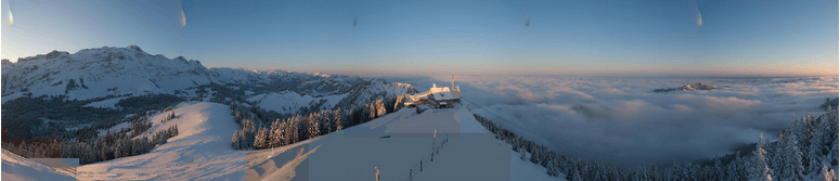 Animation Webcambilder Kronberg (1663m), um 07:10 Uhr, 10 Uhr und 12:30 Uhr. Die Obergrenze des Hochnebels stieg von rund 1200 gegen 1600 Meter an. 