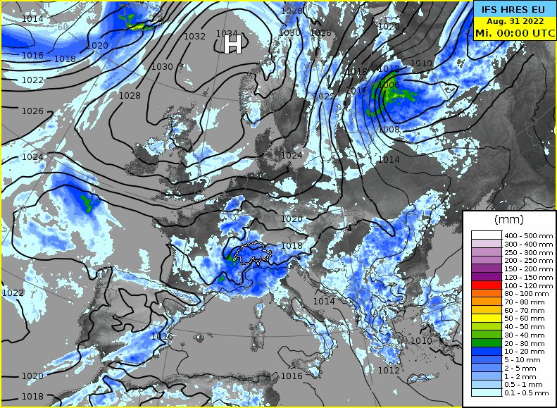 Bodendruck und 12-stündige Niederschlagsmenge gemäss ECMWF IFS.