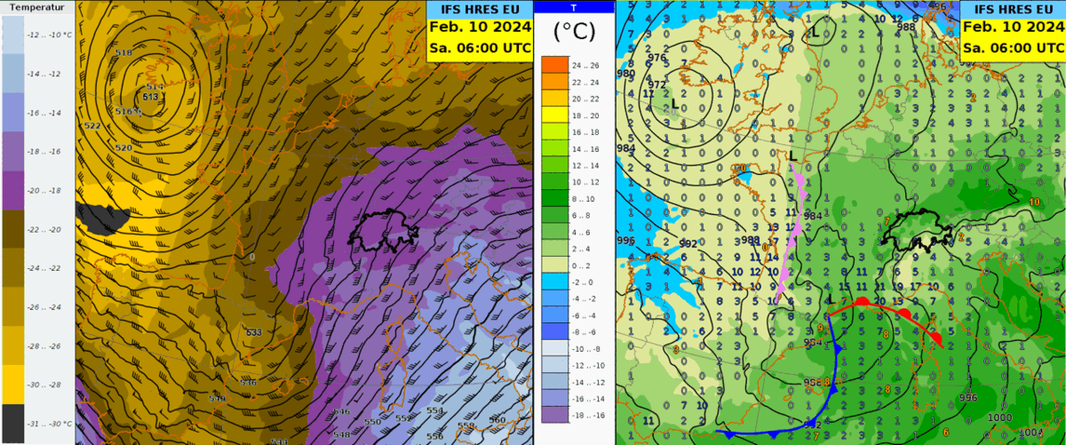 Animation des Bodendruckfeldes und der 850 hPa-Temperatur, den 6h-Niederschlagssummen (rechts), sowie des 500 hPa Geopotentials und der Temperatur mit dem Windfeld (links) des IFS Modells vom 10.02.2024 6 UTC bis am 11.02.2024 12 UTC.  Manuell eingezeichnet sind im rechten Bild zudem die Fronten. 