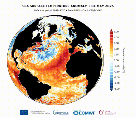 Animation der Anomalie der Meeresoberflächentemperatur im Nordatlantik von Mai bis Juli 2023. 
