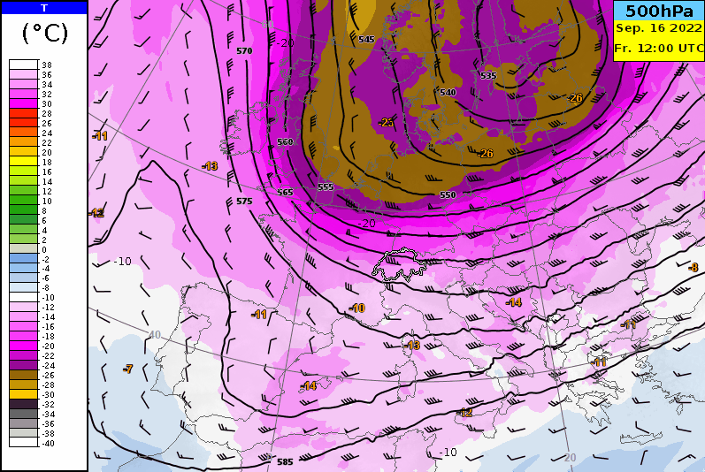 Animation der Temperatur, Geopotential und Wind auf 500 hPa vom Wettermodell IFS HRES zwischen Freitag, 12 UTC und Sonntag, 6 UTC. Quelle: MeteoSchweiz