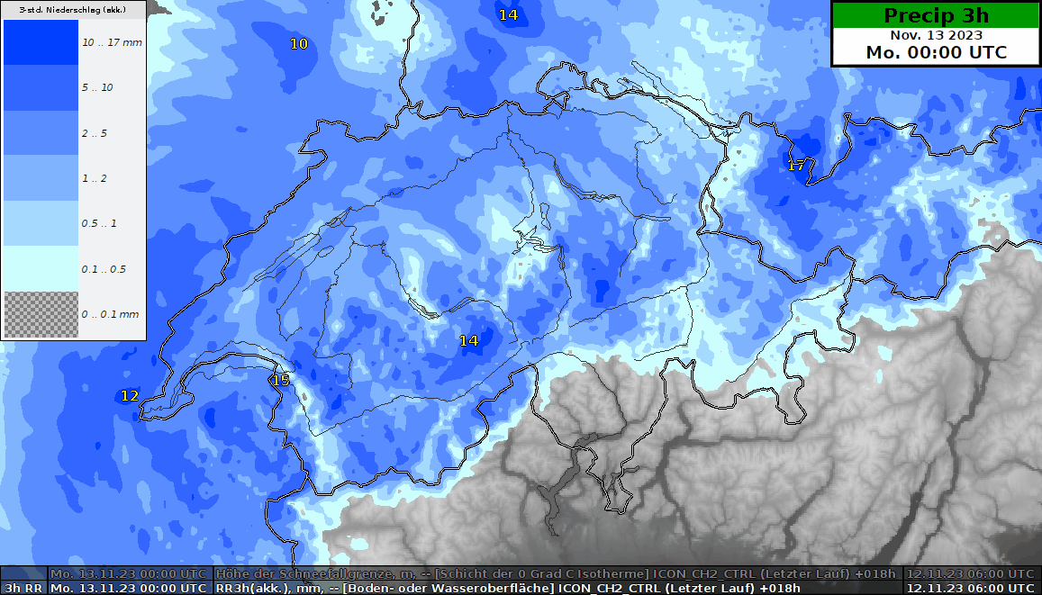Animation der Niederschlagsmengen über drei Stunden am Montag, 13. November 2023 aus dem Prognosemodell COSMO-2E von MeteoSchweiz.