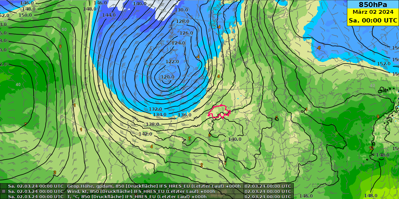 Animation des Geopotentials (=Druckverteilung) und der Temperatur, jeweils auf 850 hPa (rund 1500 Meter) zwischen Samstag 2. März und Dienstag 5. März.