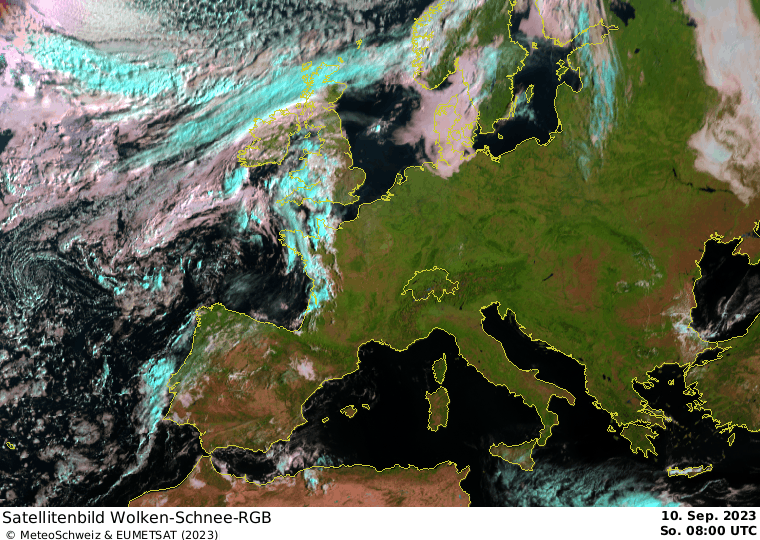 Satellitenfilm von heute. Mittel- und Südeuropa sind praktisch wolkenfrei.