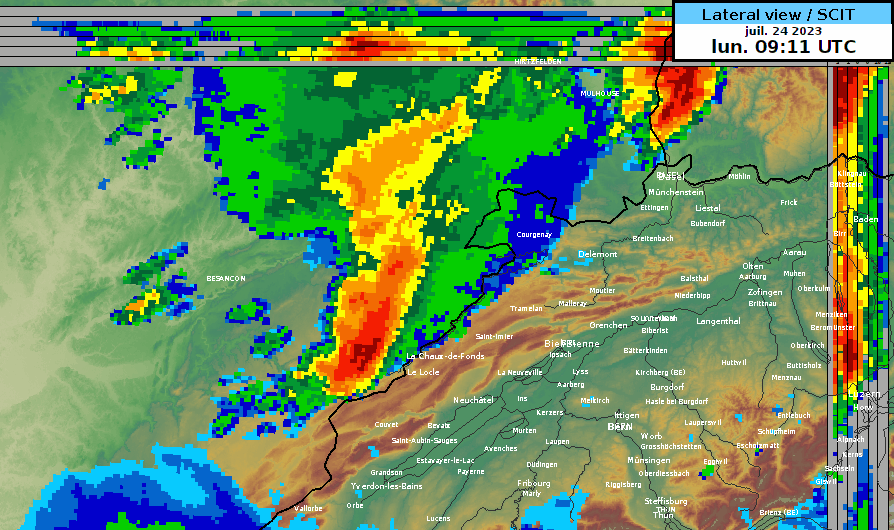 Die Radaranimation zeigt eindrücklich die über La Chaux-de-Fonds ziehende Gewitterzelle. MESZ = UTC + 2 Stunden. Quelle: MeteoSchweiz