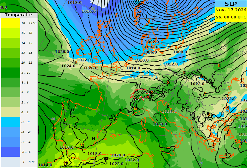 Wetterentwicklung bis am nächsten Mittwoch. Animation der Vorhersagekarten vom ECMWF mit den Isobaren (schwarze Linien, Luftdruck auf Meereshöhe) und der Temperatur auf rund 1500 Metern (farbige Flächen). Ein erster Schwall Polarluft erreicht am späten Sonntagabend die Alpen, ein nächster, markanterer Kaltluftvorstoss am Dienstagabend.