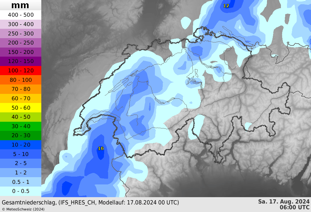 Animation der aufsummierten Niederschlagsmenge in 6-Stunden-Schritten bis zum Dienstag, 20.08.2024, 2 Uhr. Quelle: MeteoSchweiz