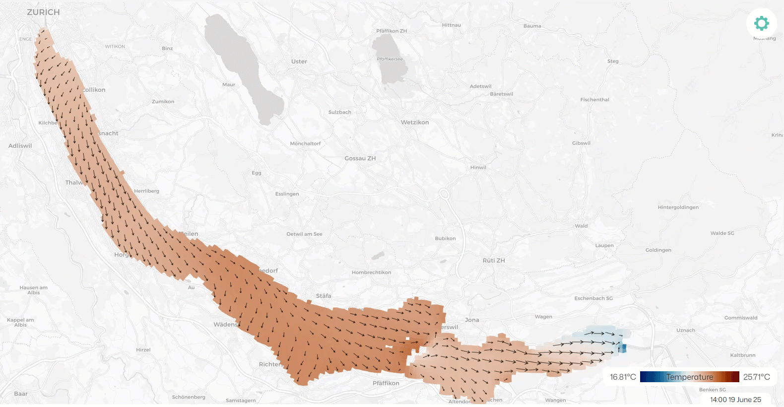 Temperaturverteilung und Strömungen an der Oberfläche des Zürichsees, simuliert mit dem Delft3D-flow Modells für den 19. bis 21. Juni.