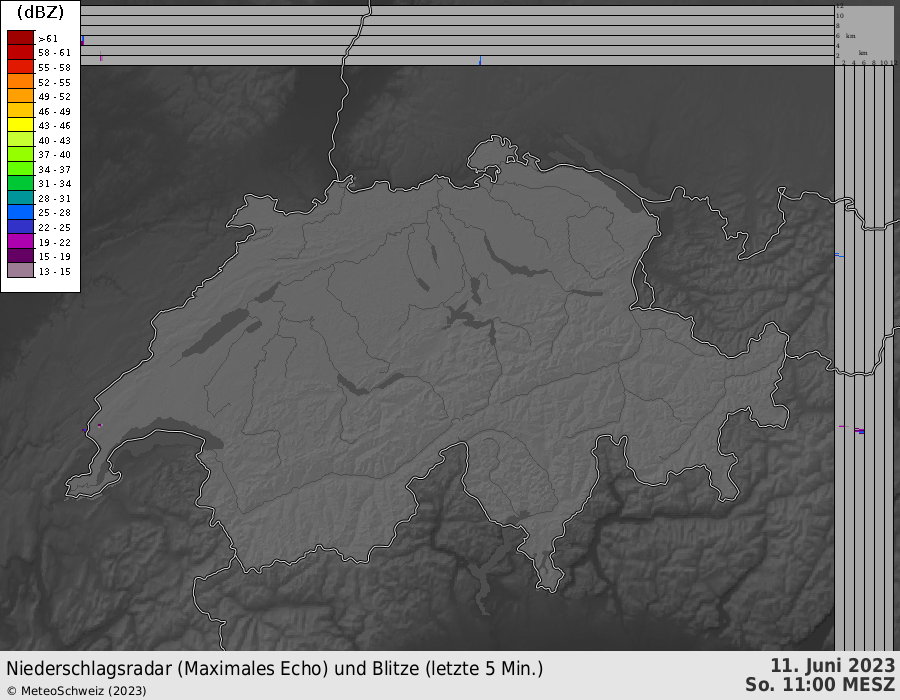 Radaranimation mit Blitzen von 11 Uhr bis 17 Uhr. Über dem Jura entstanden am Nachmittag verbreitet Gewitter. 