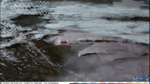 Waldbrände am 15. Mai 2023 zwischen British Columbia und Alberta (Quelle: NOAA)