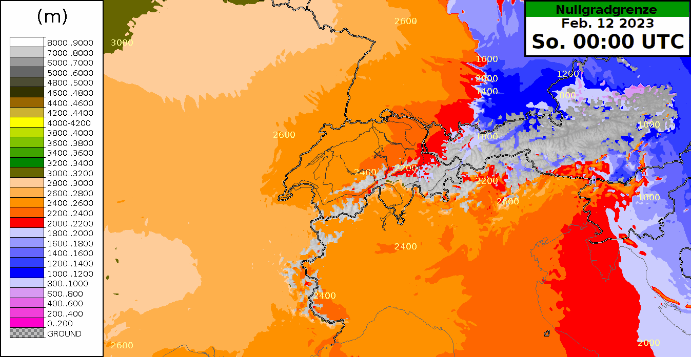 Verlauf der prognostizierten Nullgradgrenze aus dem Prognosemodell COSMO-2E von MeteoSchweiz bis Donnerstagabend (16. Februar 2023).