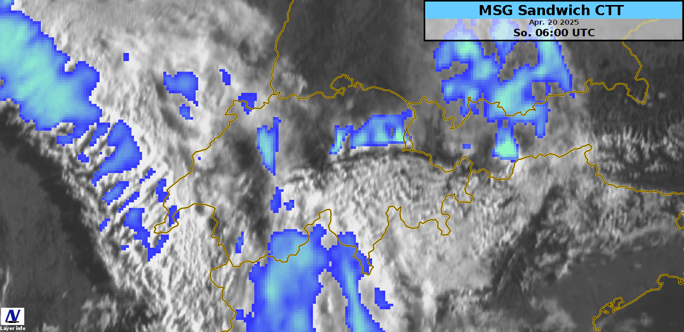 Satellitenfilm von heute im Zeitraum von 6 bis 9 UTC (Kombination HRV- und Infrarot-Kanal). Hohe Wolken sind eingefärbt. Die hochreichende Leewelle über der Ostschweiz ist damit schön erkennbar.
