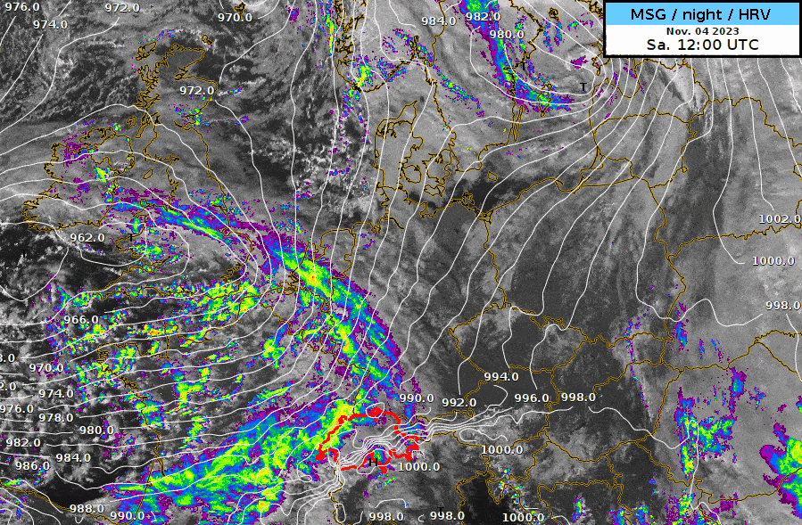 Animation Satelliten- und Radarbilder überlagert mit Luftdruck (weisse Linien). 