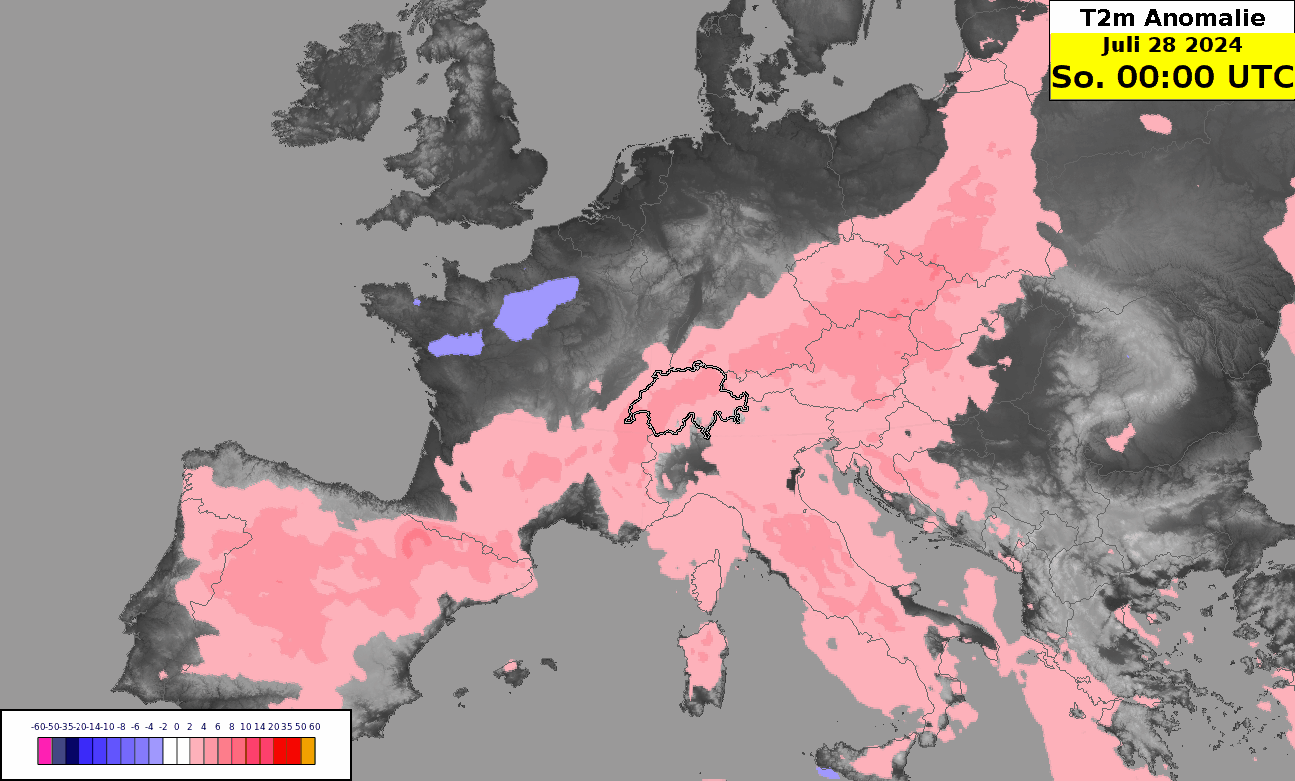 Tägliche Temperaturanomalie zwischen Samstag, 27. Juli und Freitag, 2. August 2024. Die oben rechts angegebene Uhrzeit stellt das Ende der jeweiligen 24-stündigen Zeitperiode dar.