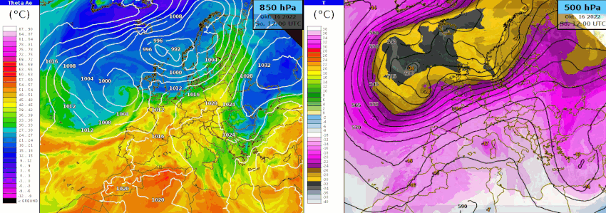 Animation der äquivalent potentiellen Temperatur überlagert mit Bodendruck (links) und der Temperatur sowie Geopotential auf der 500 hPa Druckfläche (rechts) zwischen gestern Sonntag, 16. Oktober und Mittwoch, 26. Oktober. Quelle: MeteoSchweiz und ECMWF