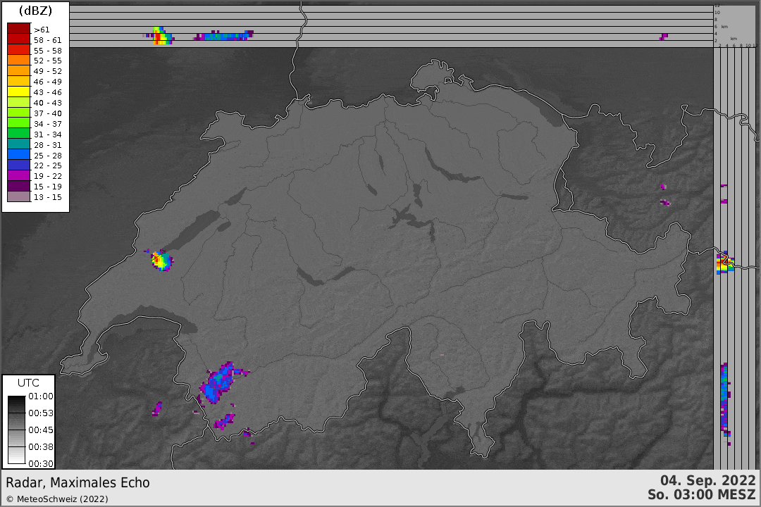Animation Radarbilder von 3 Uhr bis 9 Uhr. Der Schauer wanderte einmal quer durch die Schweiz.