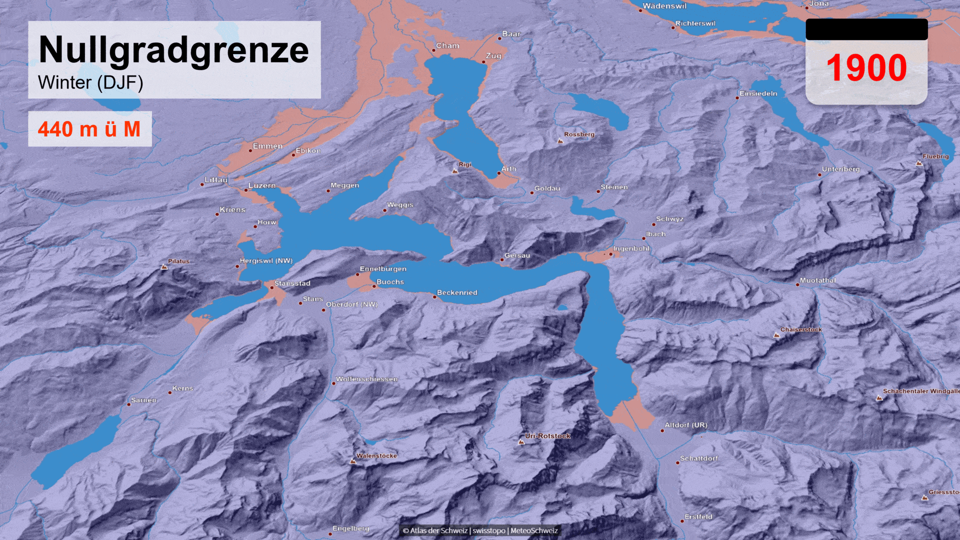 Mittlere Höhe der Nullgradgrenze im Winter in der Zentralschweiz für die Jahre 1900, 2000, 2055 und 2085 in Meter über Meer