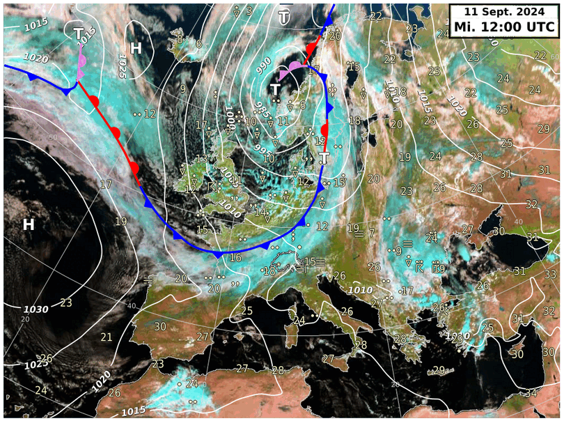 Bodendruck, Fronten und Satellitenbild von Mittwoch, 11.09.2024 bis Mittwoch 18.09.2024 jeweils um 14 Uhr. Quelle: MeteoSchweiz