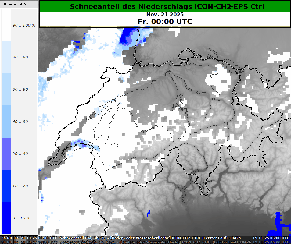 Schneeanteil der Niederschläge in Prozent in 3-Stunden-Intervallen vom ICON-CH2-EPS Kontrolllauf von Fr 19.11.2025 00 UTC bis Sa 20.11.2025 00 UTC.