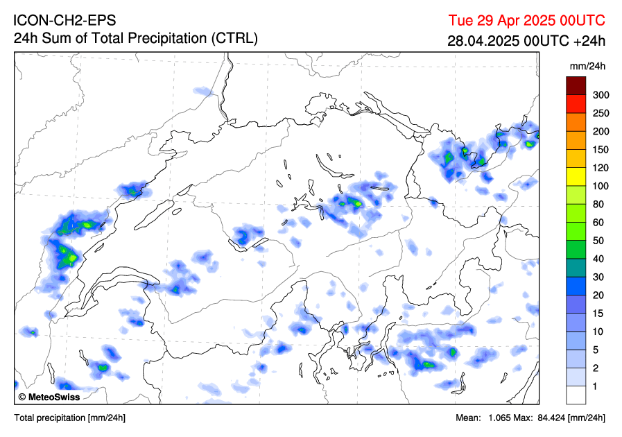 Vorhersage des Tagesniederschlags von unserem Modell ICON-CH2-EPS von Montag, 28.04.2025 bis Freitag, 02.05.2025. Quelle: MeteoSchweiz