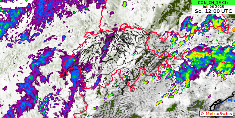 Animation des ICON1-CH-ENS vom 06.07.2025 12 UTC bis am 07.07.2025 0 UTC, dargestellt ist die Reflektivität (Radarsignatur) des Niederschlags und die Bewölkung.
