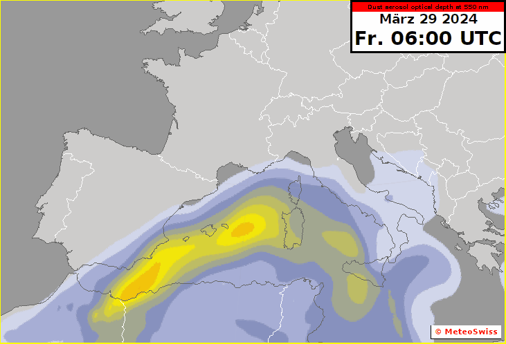 Animierte Vorhersage der Staubkonzentrationen, dargestellt durch die optischen Dichte im Bereich von 550 nm Wellenlänge (sichtbares Licht) vom Karfreitag, den 29.03. 2024 um 06 UTC bis am Ostersonntag, den 31.03.2024 um 12 UTC. 
