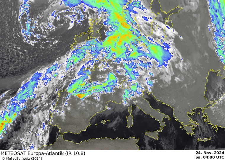 Satellitenbildanimation vom Sonntagmorgen, 24.11.2024 mit eingefärbter hoher Bewölkung. Quelle: MeteoSchweiz